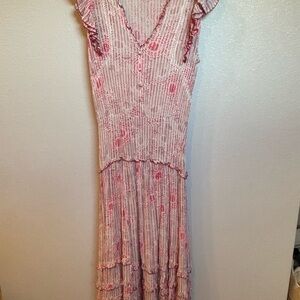 Poupette St. Barth Blush Floral V-Neck Ruffle Maxi Dress
